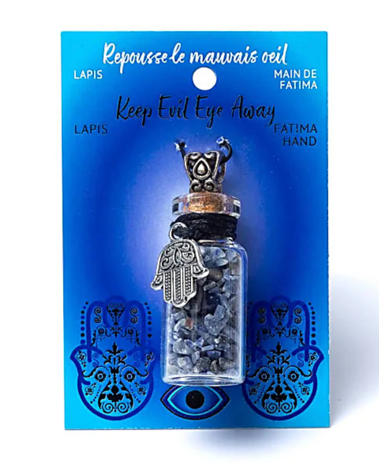 Glasfläschchen mit Kordel Lapislazuli und Khamsa - Mellas Webshop