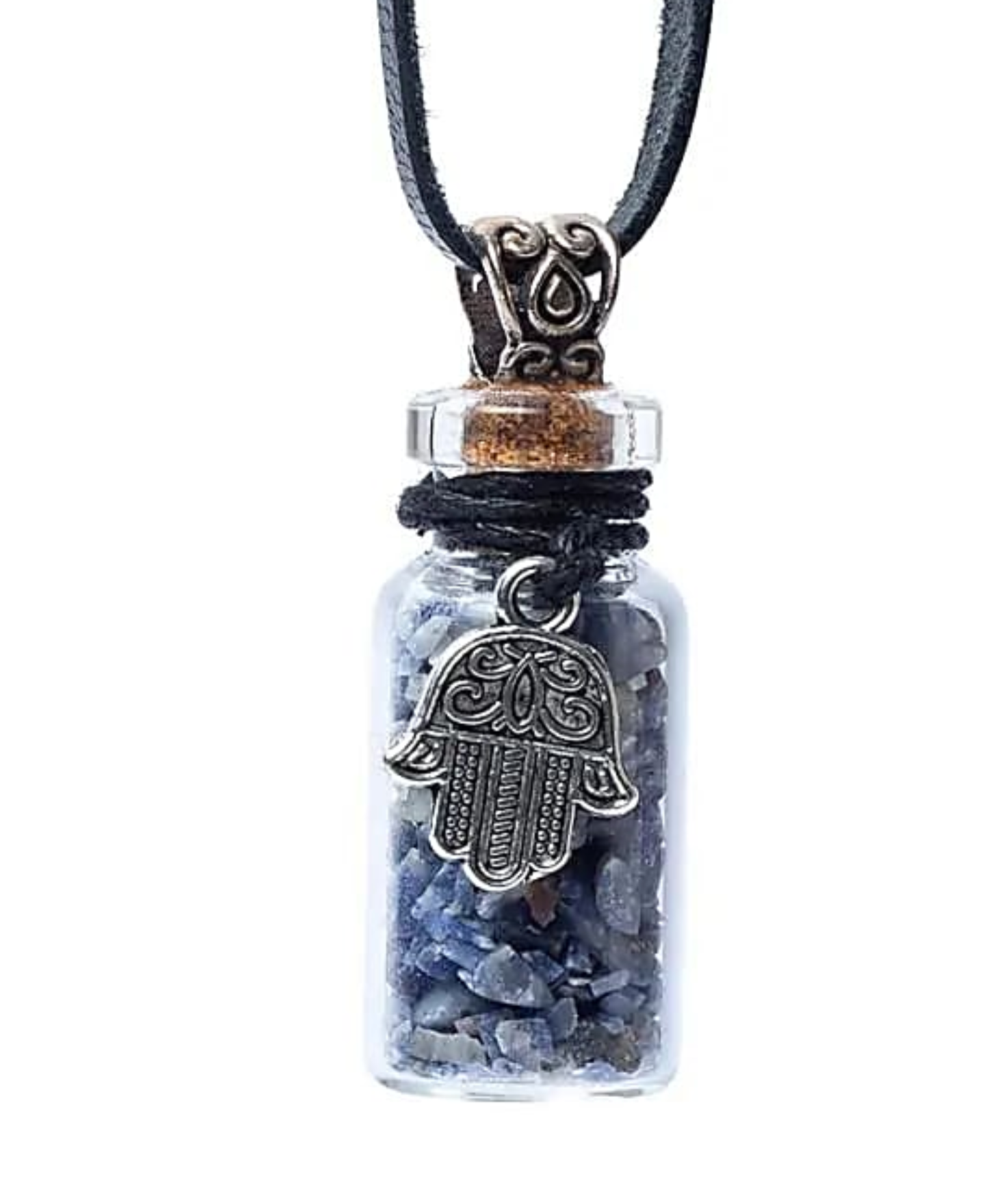 Glasfläschchen mit Kordel Lapislazuli und Khamsa - Mellas Webshop